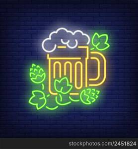 Beer mug with hop plant neon sign. Beer and party design. Night bright neon sign, colorful billboard, light banner. Vector illustration in neon style.