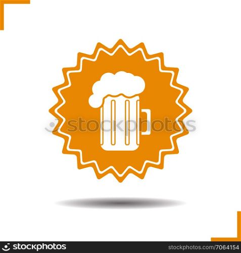 Beer mug yellow sticker. Pub and bar emblem. Foamy beer glass icon. Vector silhouette symbol. Beer mug yellow sticker