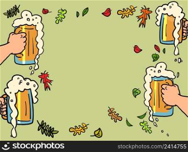 Beer mugs with foam background, pub restaurant. beer party, oktoberfest. Comic cartoon hand drawing retro illustration. Beer mugs with foam background, pub restaurant beer party, oktoberfest