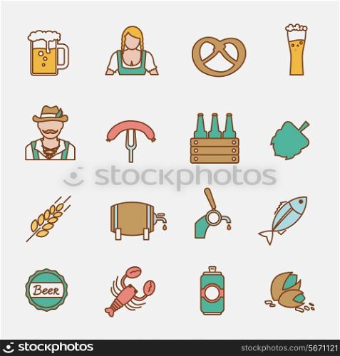 Beer Oktoberfest icons flat line set with wheat ear lobster fish isolated vector illustration