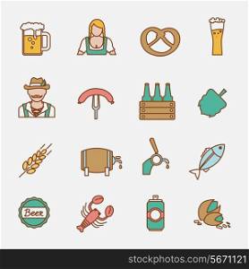 Beer Oktoberfest icons flat line set with wheat ear lobster fish isolated vector illustration