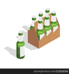 Beer Pack Isometric Composition. Isolated beer pack isometric composition with seven green glass bottles on white background vector illustration