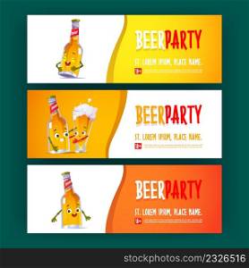 Beer party cartoon invitation banners, funny bottle and glass with foamy drink characters. Alcohol festival invite flyer, kawai funny cup and flask with cute face, Oktoberfest celebration vector cards. Beer party cartoon invitation banners, Oktoberfest
