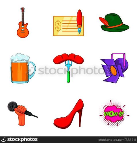 Beer party icons set. Cartoon set of 9 beer party vector icons for web isolated on white background. Beer party icons set, cartoon style