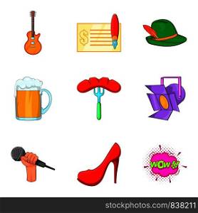 Beer party icons set. Cartoon set of 9 beer party vector icons for web isolated on white background. Beer party icons set, cartoon style