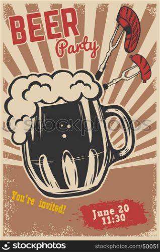 Beer party invitation template. Beer mug, fork with grilled meat and sausage on grunge background. Vector illustration