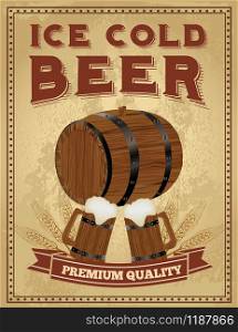 Beer poster with a wooden barrel.Retro Vintage Grunge Style