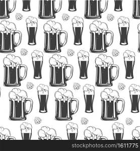 Beer poured in glass, alcoholic beverage with foam seamless pattern. Refreshing drink made of hop, oktoberfest traditional crafted alcohol. Cider or irish pale ale, colorless vector in flat style. Pints of beer with foam, alcoholic beverage seamless pattern