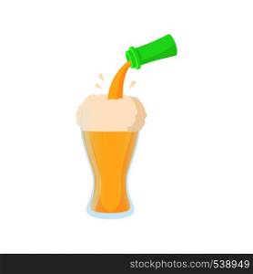 Beer pouring from bottle into glass icon in cartoon style on a white background. Beer pouring from bottle into glass icon