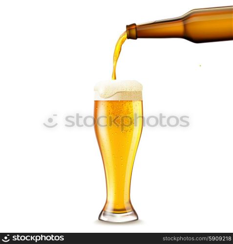 Beer pouring from dark bottle to glass realistic vector illustration. Beer Pouring Realistic