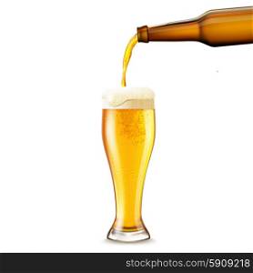 Beer pouring from dark bottle to glass realistic vector illustration. Beer Pouring Realistic