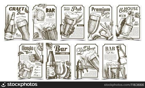Beer Pub Collection Advertising Posters Set Vector. Wooden Barrel And Glass Cups, Bottles And Bar Faucet, Hops And Wheat On Different Commercial Promotional Banners Tavern. Advertisement Illustrations. Beer Pub Collection Advertising Posters Set Vector