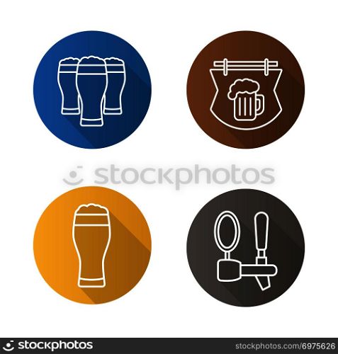 Beer pub flat linear long shadow icons set. Wooden bar signboard, foamy beer glasses and tap. Vector line symbols. Beer pub flat linear long shadow icons set