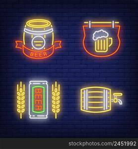 Beer pub neon sign set. Barrel, signboard, mug, tin can, wheat. Night bright advertising. Vector illustration in neon style for bars or restaurant menu