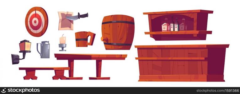 Beer pub, saloon, retro bar interior stuff and furniture wooden bench and desk, barrel, tankard, shelf with bottles, lantern, candles and darts, tin jar and old parchment with knife Cartoon vector set. Beer pub, saloon, retro bar stuff and furniture