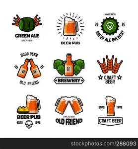 Beer pub vector logos and emblems. Brewery and brewing business vintage labels. Brewery beer emblem, pub and bar label logo illustration. Beer pub vector logos and emblems. Brewery and brewing business vintage labels