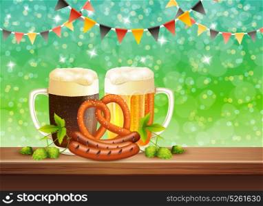 Beer Realistic Illustration. Two cups of dark and lager beer starters and hop leaves on bar counter realistic vector illustration