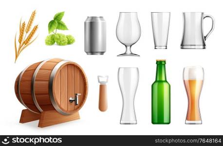 Beer realistic set with isolated icons and empty glass images with hop plants barrel and bottle vector illustration