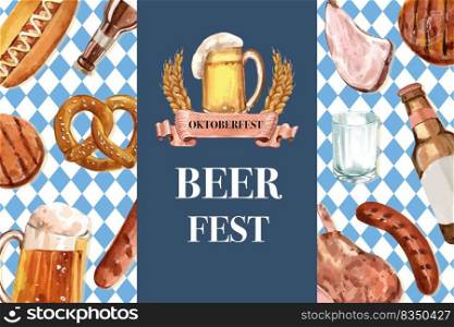 Beer, sausage, pretzel and barbecue frame design watercolor isolated illustration.