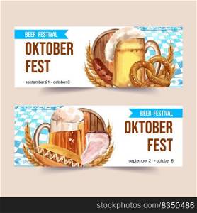 Beer, sausage, pretzel and grilled meat watercolor banner design illustration template.