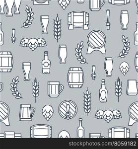 Beer seamless pattern with flat element. Beer seamless pattern with flat elements. Barrels bottles glasses wheat hop. Vector illustration