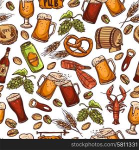 Beer seamless pattern with hand drawn drink elements vector illustration. Beer Seamless Pattern