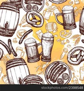 Beer seamless pattern with sketch barrel drink glasses and sausages vector illustration. Beer Seamless Pattern