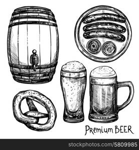 Beer Sketch Decorative Icon Set. Beer in pint and keg with sausage and pretzel sketch decorative icon set isolated vector illustration