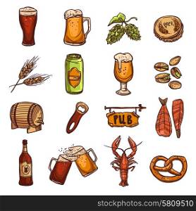 Beer sketch set with drink glass bottle fish barrel isolated vector illustration. Beer Sketch Set