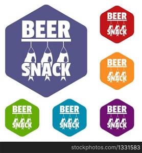 Beer snack icons vector colorful hexahedron set collection isolated on white . Beer snack icons vector hexahedron