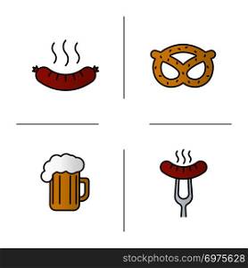 Beer snacks color icons set. Steaming sausage on fork, bratwurst, oktoberfest brezel, foamy beer glass. Isolated vector illustrations. Beer snacks color icons set