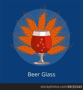 Beer snifter glass of beer in transparent glassware vector on background of ears of wheat. Dark alcohol beverage, symbol of Oktoberfest fest. Snifter Beer in Transparent Glassware Vector
