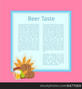 Beer Taste Poster with Barrels, Food and Drink. Beer taste poster with pink background. Vector illustration of wooden casks, fried sausage on carving knife, mug, green hop and ears of wheat
