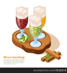 Beer tasting glasses with foam on top on wooden tray with hop twigs isometric background vector illustration
