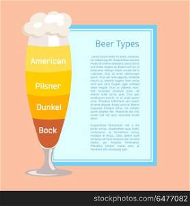 Beer Types Poster Depicting Footed Pilsner Glass. Beer types poster with pink background. Vector illustration of frothy footed pilsner glass containing layers of various lager and ale styles