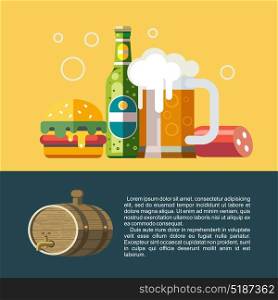 Beer, vector illustration. Mug of beer, bottled beer, beer keg, hamburger, sausage.