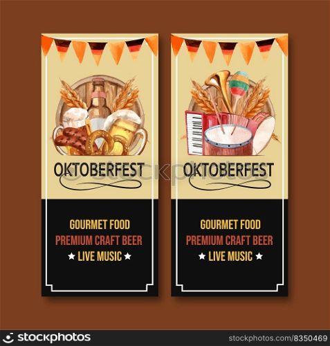 Beer, wheat, pretzel and sausage flyer design with watercolor illustration template.