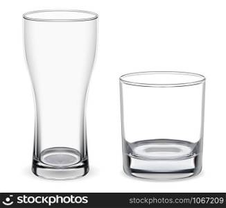 Beer, whiskey glass. Isolated goblet mockup. Realistic 3d alcohol drink glassware for rum, brandy, ale, stout. Fragile cup mock up for pub or restaurant. Tall crystal transparent blank. Beer, whiskey glass. Isolated goblet mockup. 3d