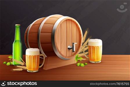 Beer wooden barrels realistic composition with wheat straw and fresh green leaves with bottle and glasses vector illustration