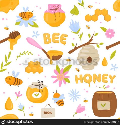 Bees honey seamless pattern. Healthy natural bee products, funny cartoon items, apiary and wild hives, honeycombs and organic sweets. Decor textile, wrapping paper wallpaper vector print or fabric. Bees honey seamless pattern. Healthy natural bee products, funny cartoon items, apiary and wild hives, honeycombs and organic sweets. Decor textile, wrapping paper wallpaper, vector print