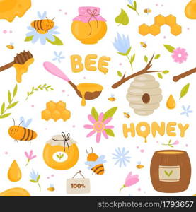 Bees honey seamless pattern. Healthy natural bee products, funny cartoon items, apiary and wild hives, honeycombs and organic sweets. Decor textile, wrapping paper wallpaper vector print or fabric. Bees honey seamless pattern. Healthy natural bee products, funny cartoon items, apiary and wild hives, honeycombs and organic sweets. Decor textile, wrapping paper wallpaper, vector print