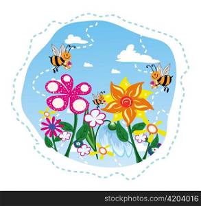 bees in flowers vector illustration