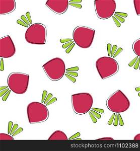 Beet vegetable seamless background vector flat illustration. Fresh food background in white and purple colors with beet vegetable seamless element for wrapping paper, restaurant wallpaper.. Beet vegetable seamless background vector graphic