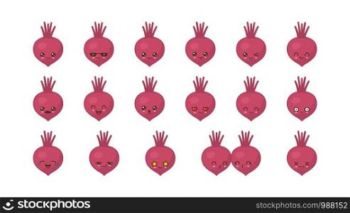 Beetroot cute kawaii mascot. Set kawaii food faces expressions smile emoticons.
