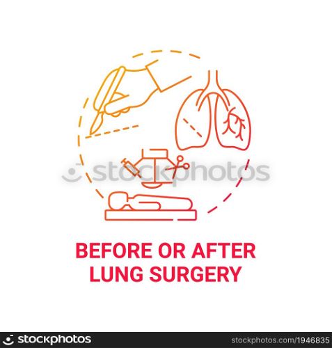 Before and after lung surgery red gradient concept icon. Pulmonary operation abstract idea thin line illustration. Preparation and recovery. Lungs therapy. Vector isolated outline color drawing. Before and after lung surgery red gradient concept icon