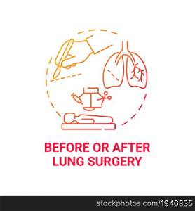 Before and after lung surgery red gradient concept icon. Pulmonary operation abstract idea thin line illustration. Preparation and recovery. Lungs therapy. Vector isolated outline color drawing. Before and after lung surgery red gradient concept icon