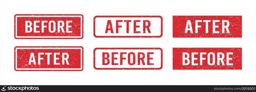 Before and after red grunge rubber stamps. Seals with words Before and After. Grunge vintage square labels. Set of vector illustrations isolated on white background.. Before and after red grunge rubber stamps. Seals with words Before and After. Grunge vintage square labels. Set of vector illustrations isolated on white background