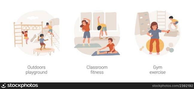 Before and afterschool physical exercise isolated cartoon vector illustration set. Outdoors playground, classroom fitness, gym exercise, kids motor development, sport for children vector cartoon.. Before and afterschool physical exercise isolated cartoon vector illustration set.