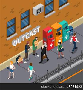 Beggars At Street Isometric Illustration. Beggars at street design with persons with placards needy in help near atm machines isometric vector illustration