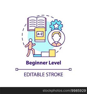 Beginner level concept icon. Language learning stage idea thin line illustration. Introductory level. No prior exposure to language. Vector isolated outline RGB color drawing. Editable stroke. Beginner level concept icon